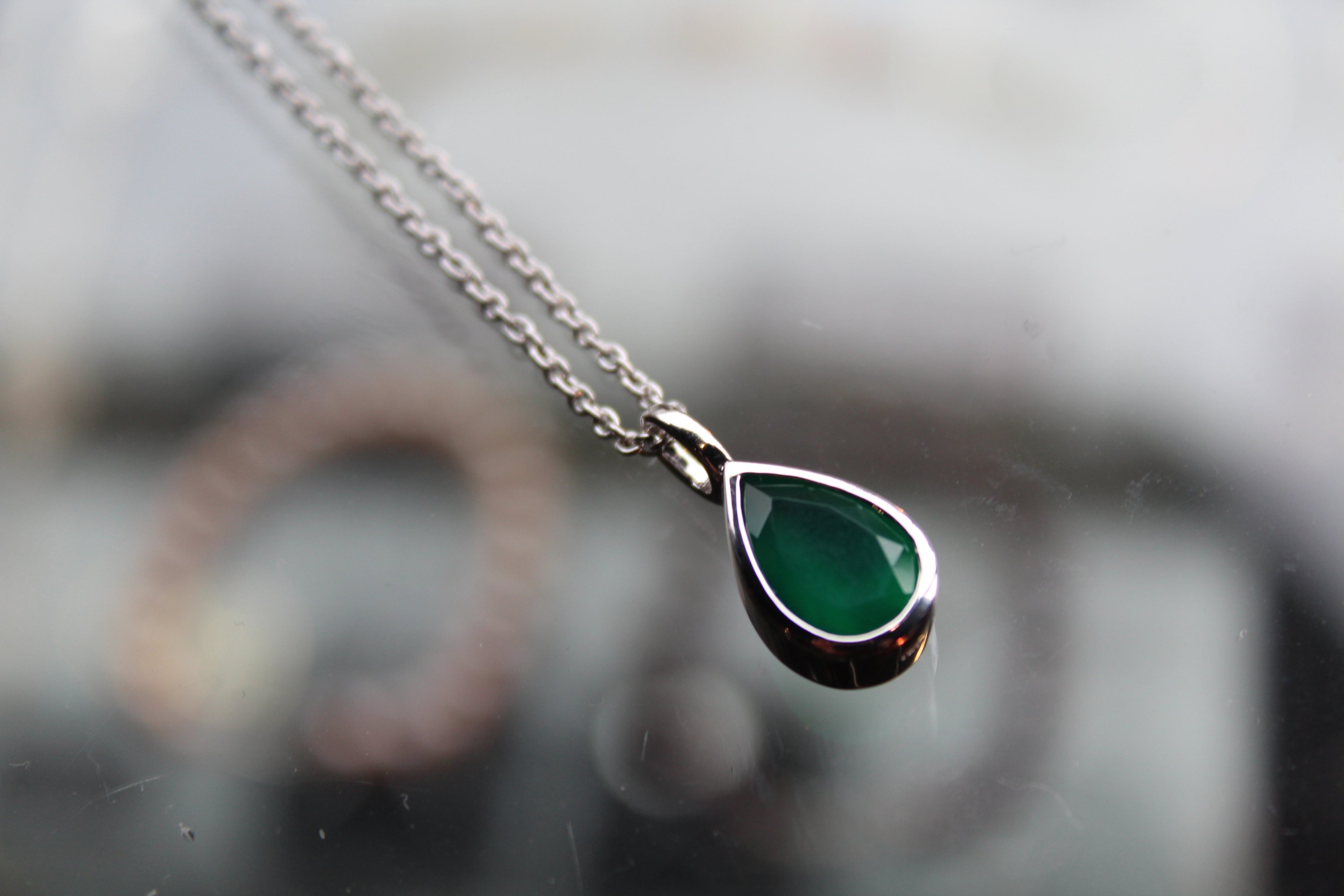 Silver with Rhodium Plate Necklace with Green Onyx