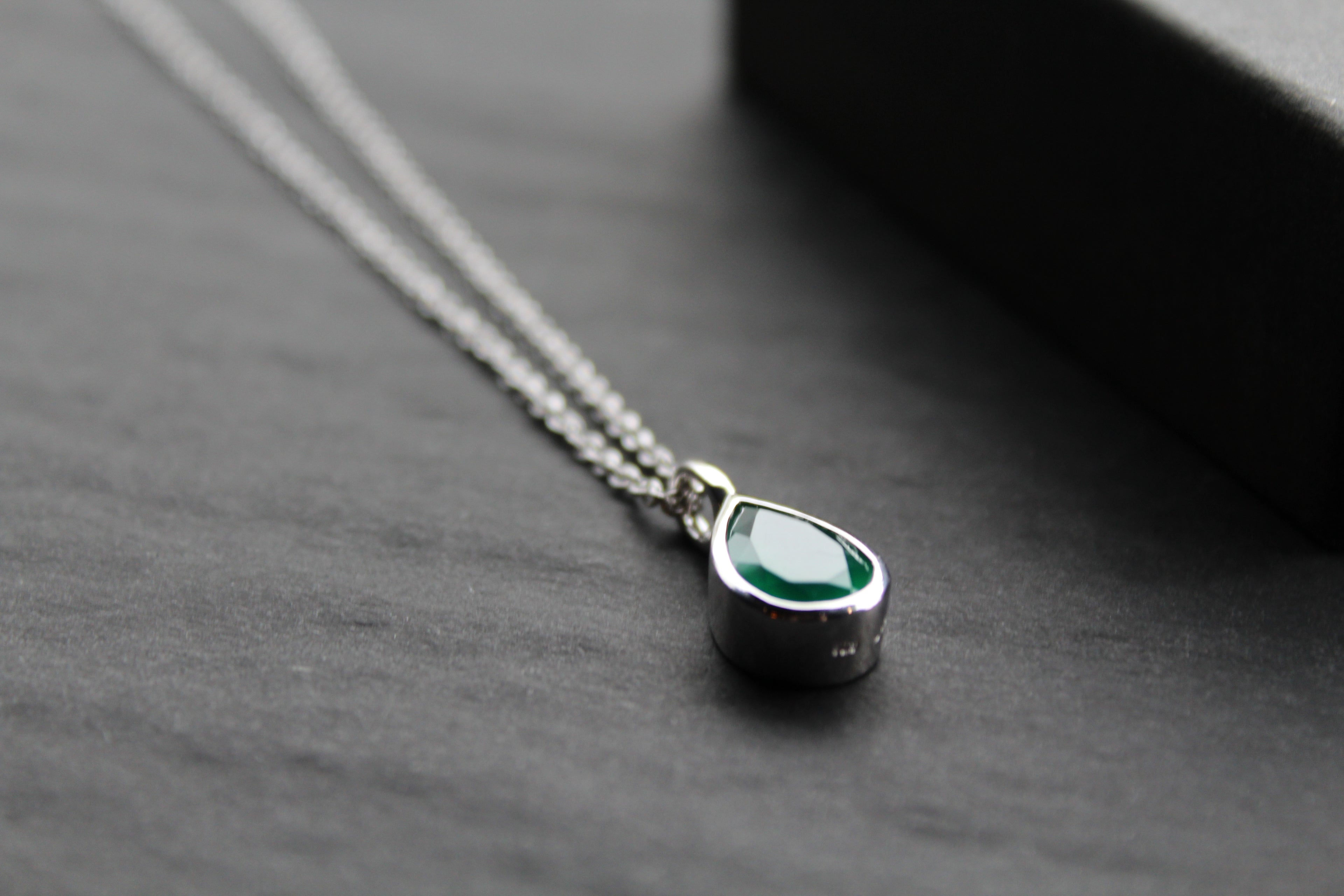 Silver with Rhodium Plate Necklace with Green Onyx