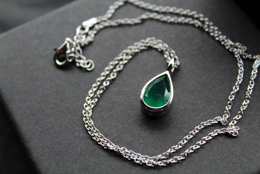 Silver with Rhodium Plate Necklace with Green Onyx