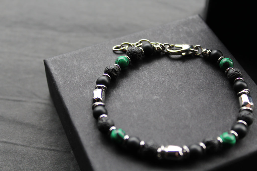 Stainless Steel Bracelet with Onyx, Lava Stone & Malachite Beads