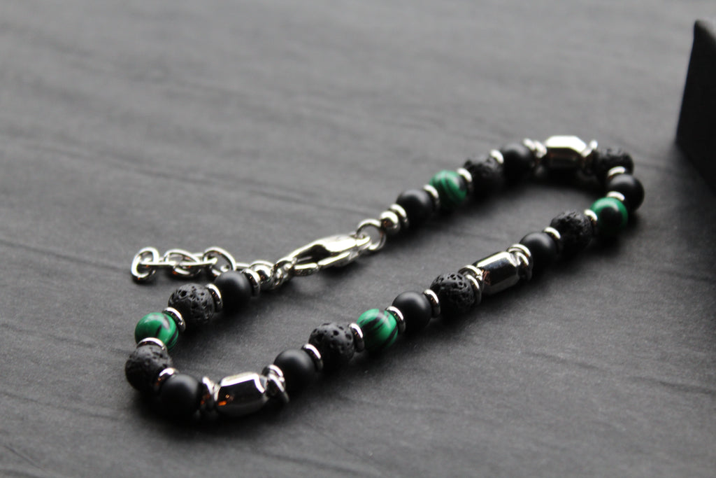 Stainless Steel Bracelet with Onyx, Lava Stone & Malachite Beads