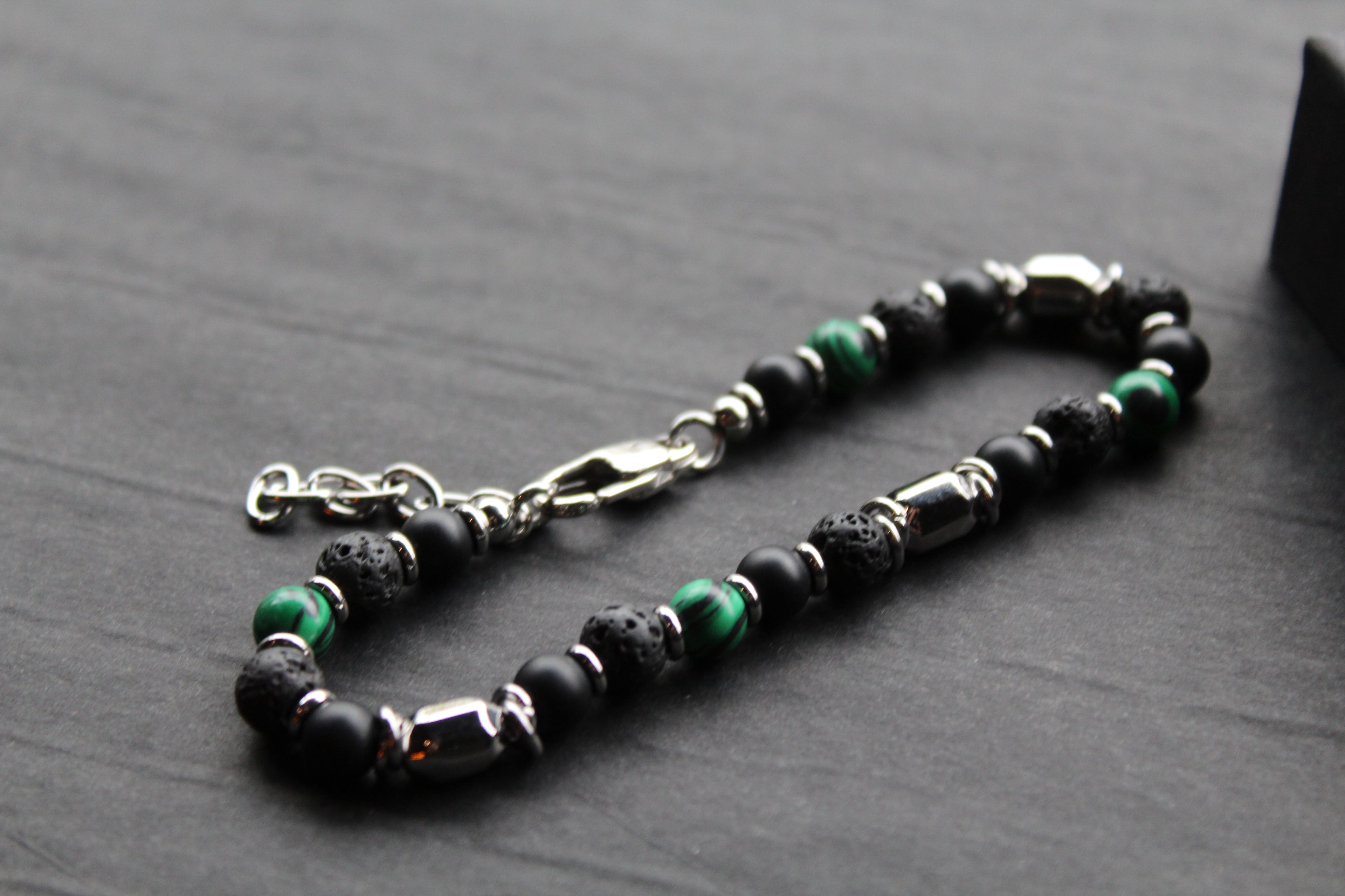 Stainless Steel Bracelet with Onyx, Lava Stone & Malachite Beads