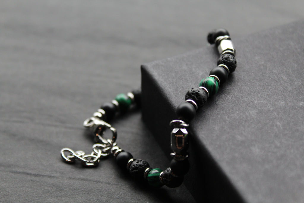 Stainless Steel Bracelet with Onyx, Lava Stone & Malachite Beads