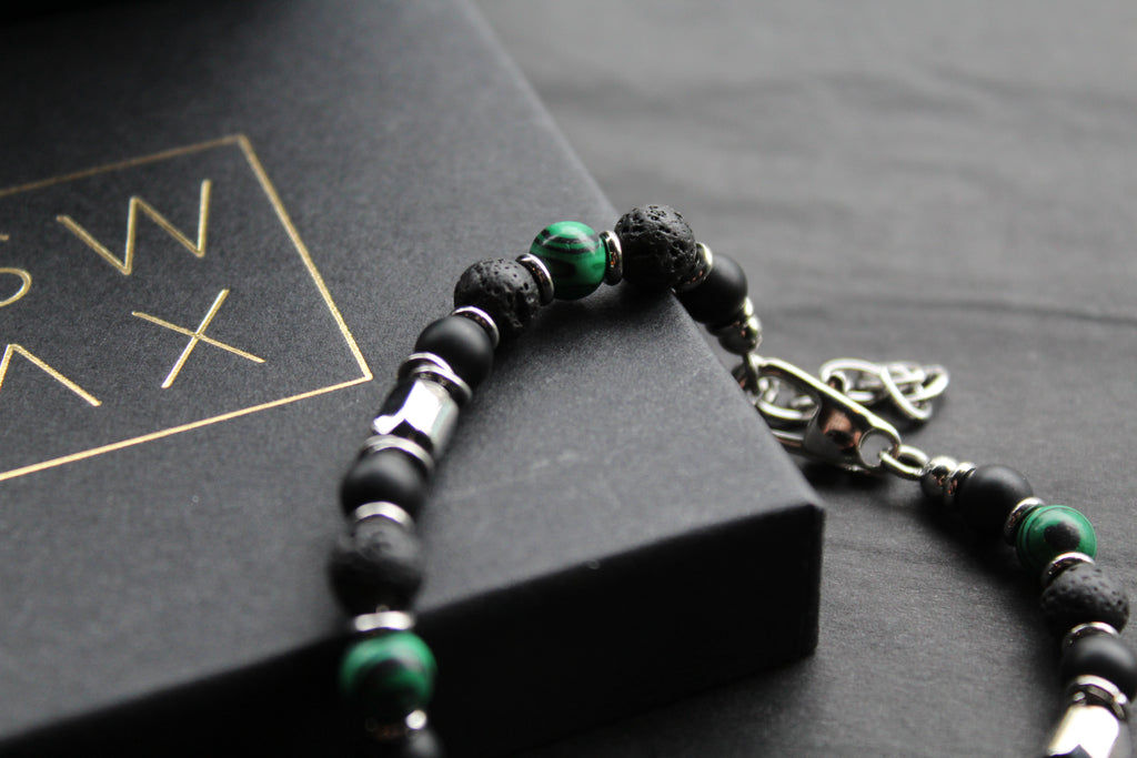 Stainless Steel Bracelet with Onyx, Lava Stone & Malachite Beads