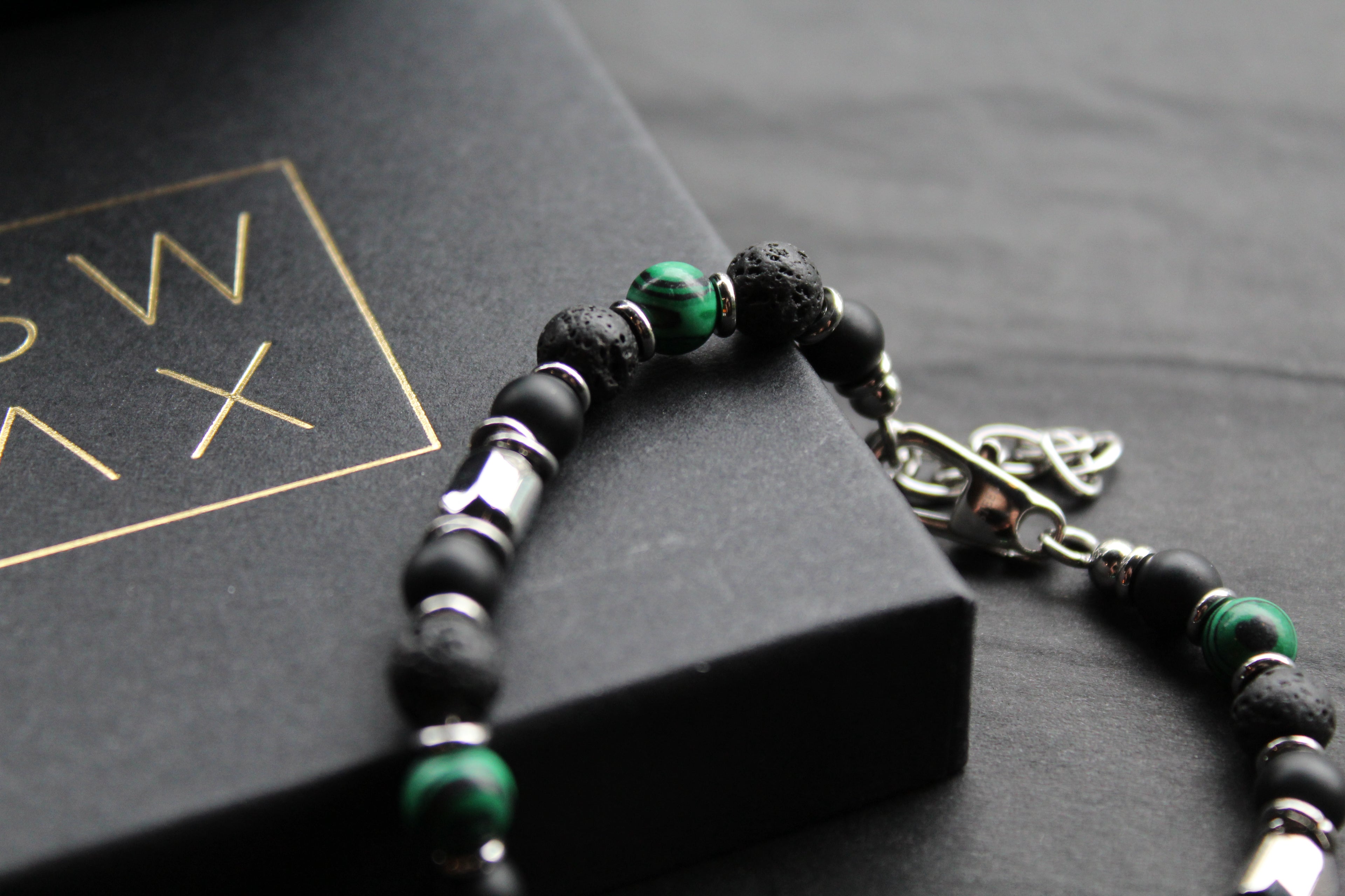 Stainless Steel Bracelet with Onyx, Lava Stone & Malachite Beads