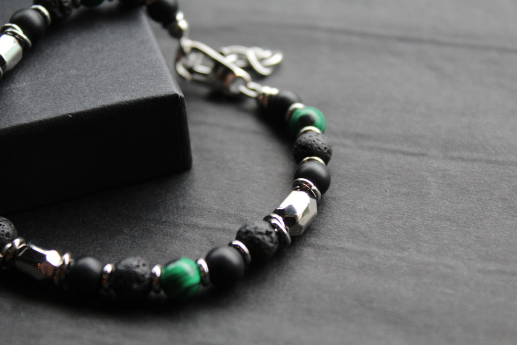Stainless Steel Bracelet with Onyx, Lava Stone & Malachite Beads