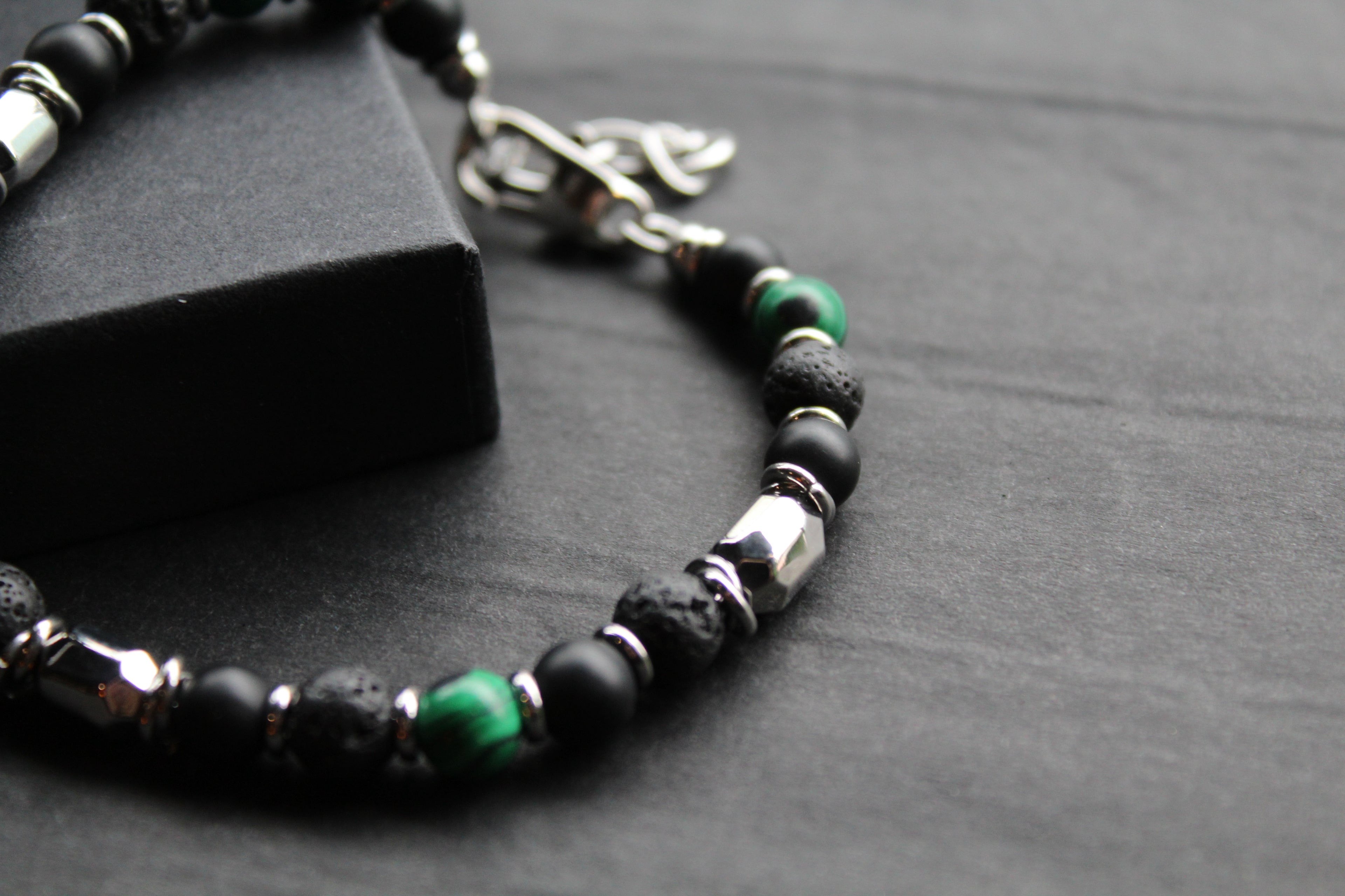 Stainless Steel Bracelet with Onyx, Lava Stone & Malachite Beads