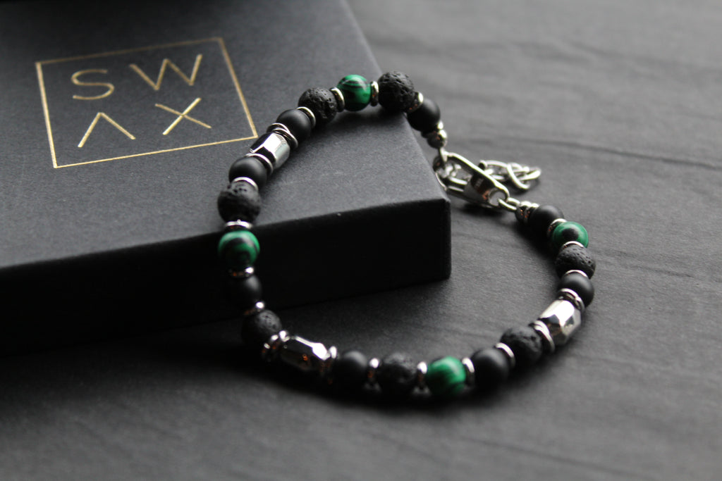 Stainless Steel Bracelet with Onyx, Lava Stone & Malachite Beads
