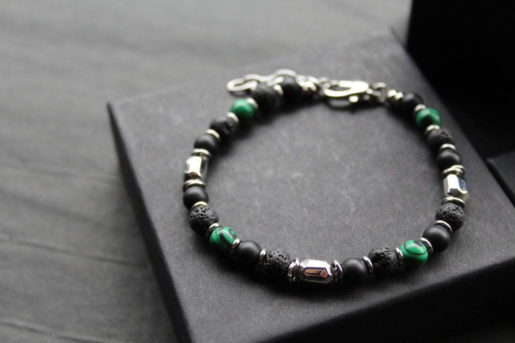 Stainless Steel Bracelet with Onyx, Lava Stone & Malachite Beads