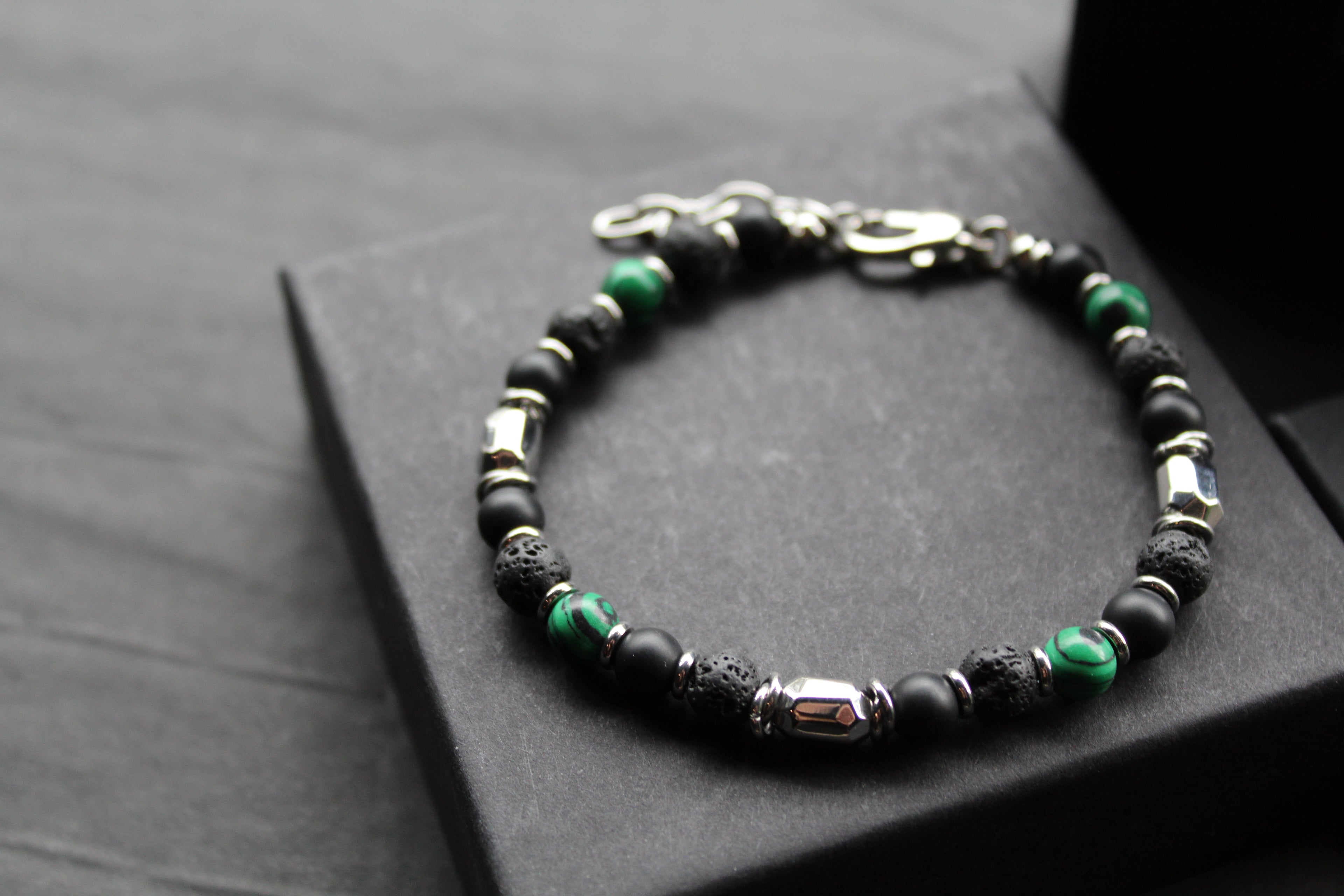 Stainless Steel Bracelet with Onyx, Lava Stone & Malachite Beads