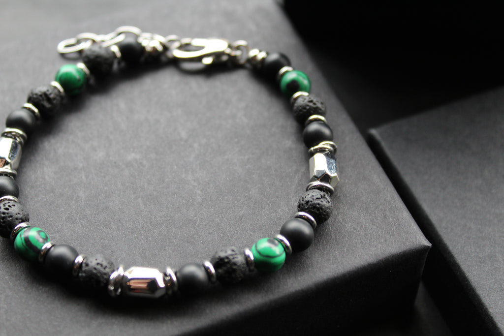 Stainless Steel Bracelet with Onyx, Lava Stone & Malachite Beads