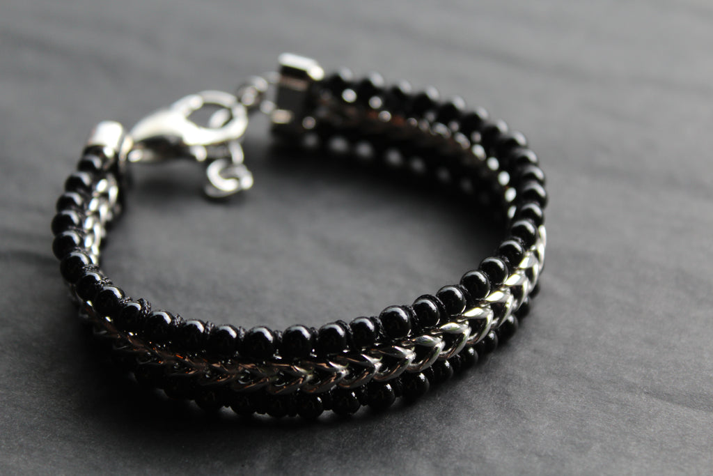 Stainless Steel Bracelet with Shiny Black Onyx Beads