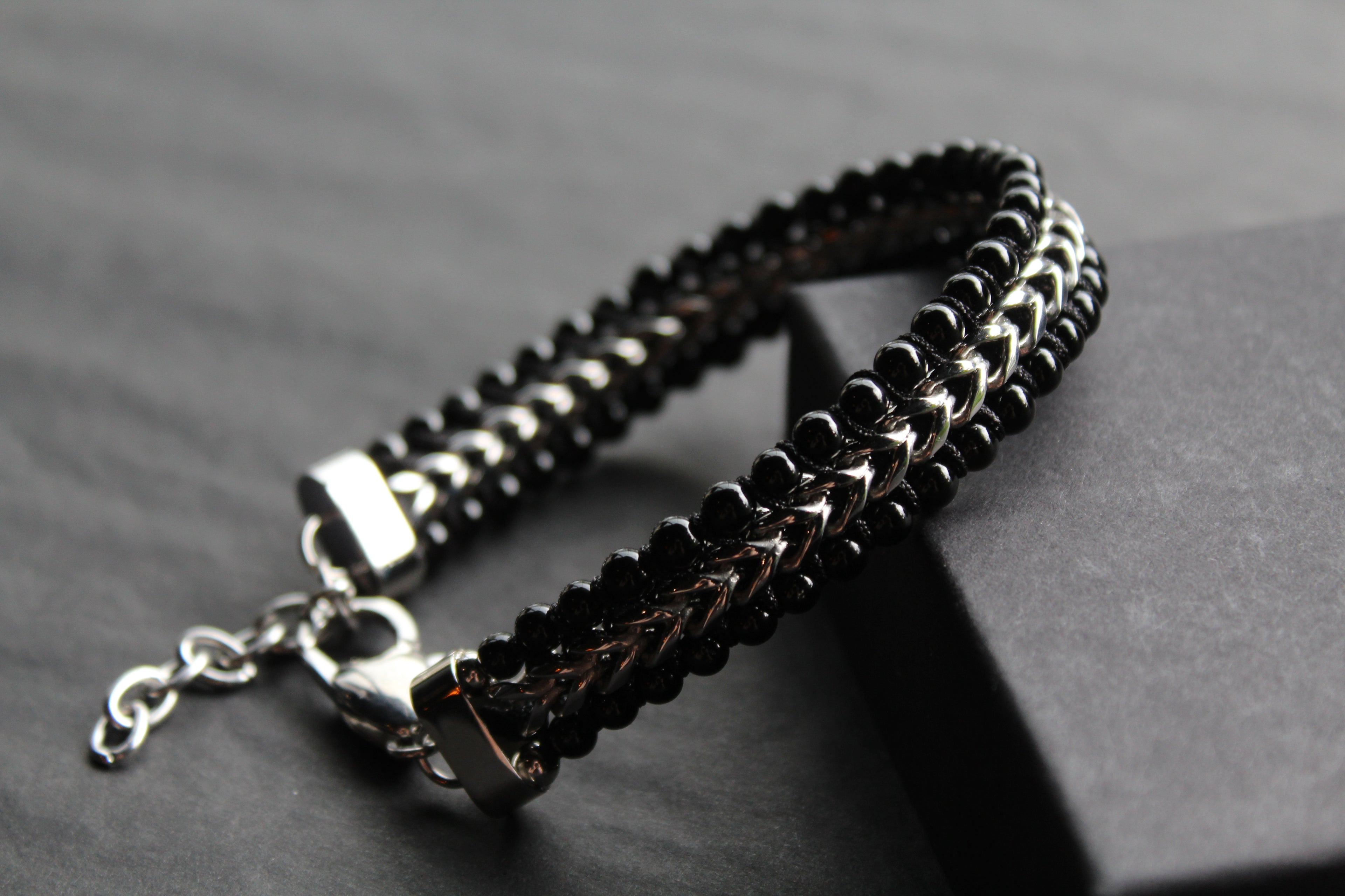 Stainless Steel Bracelet with Shiny Black Onyx Beads