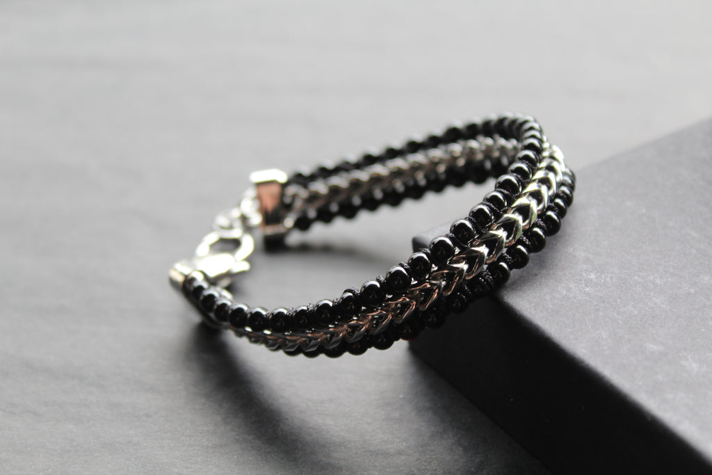 Stainless Steel Bracelet with Shiny Black Onyx Beads