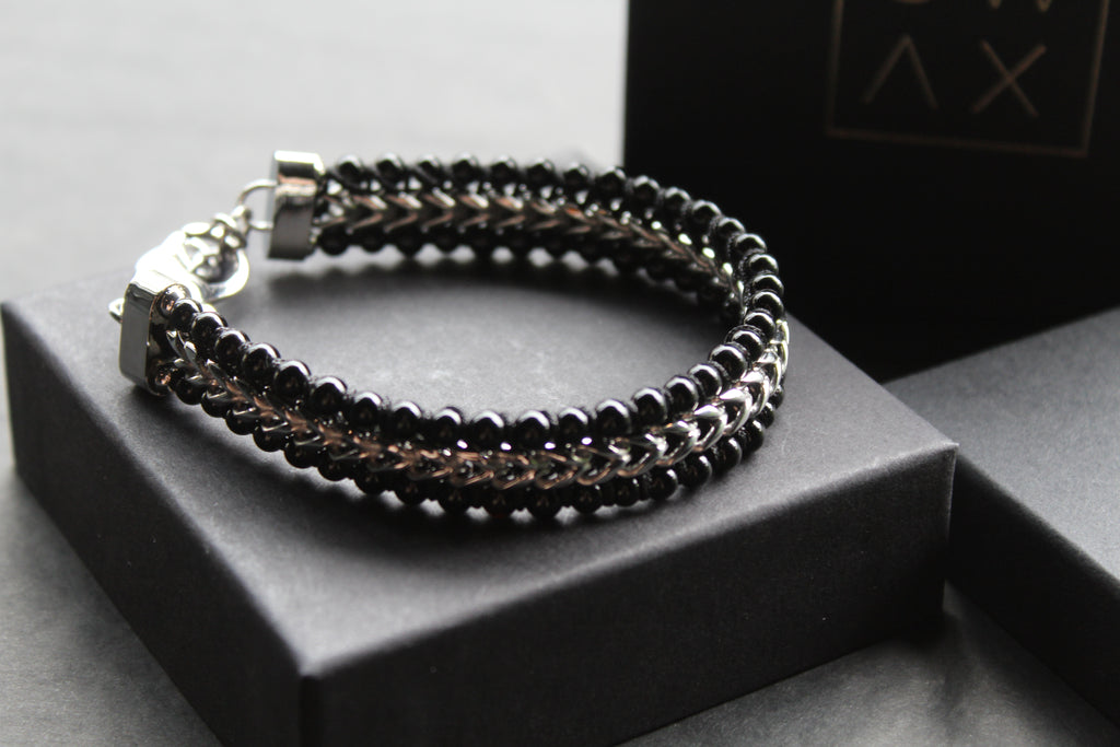 Stainless Steel Bracelet with Shiny Black Onyx Beads