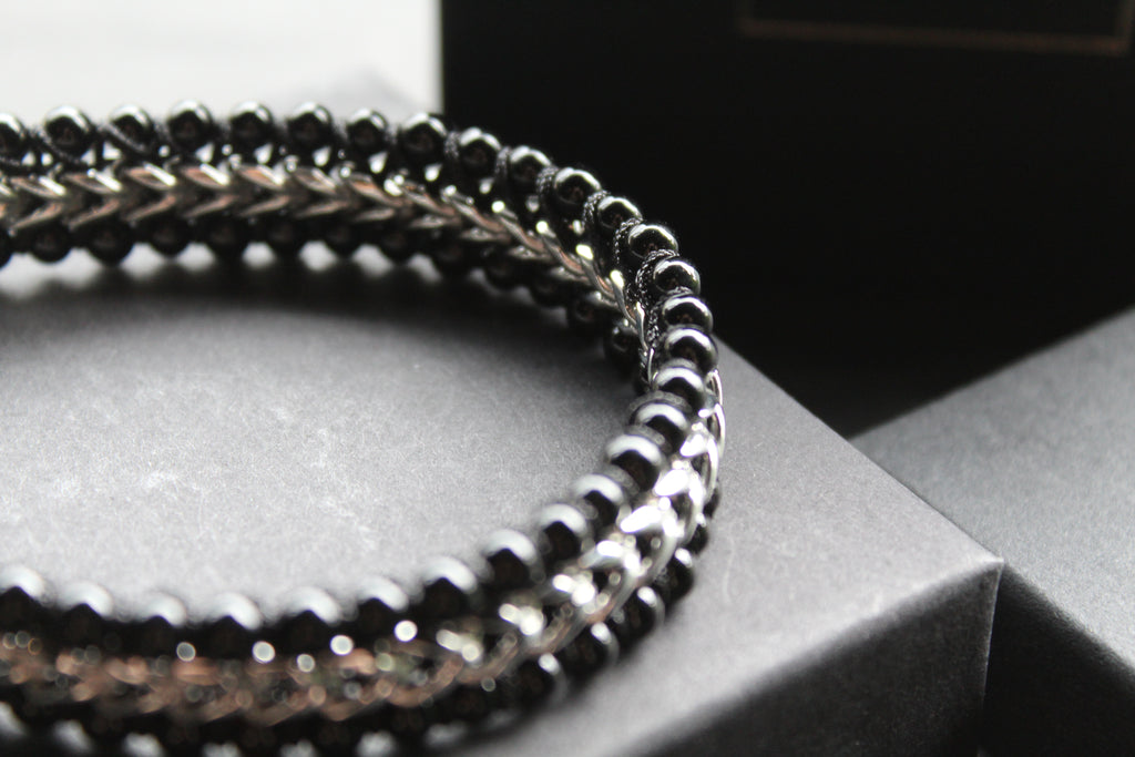 Stainless Steel Bracelet with Shiny Black Onyx Beads