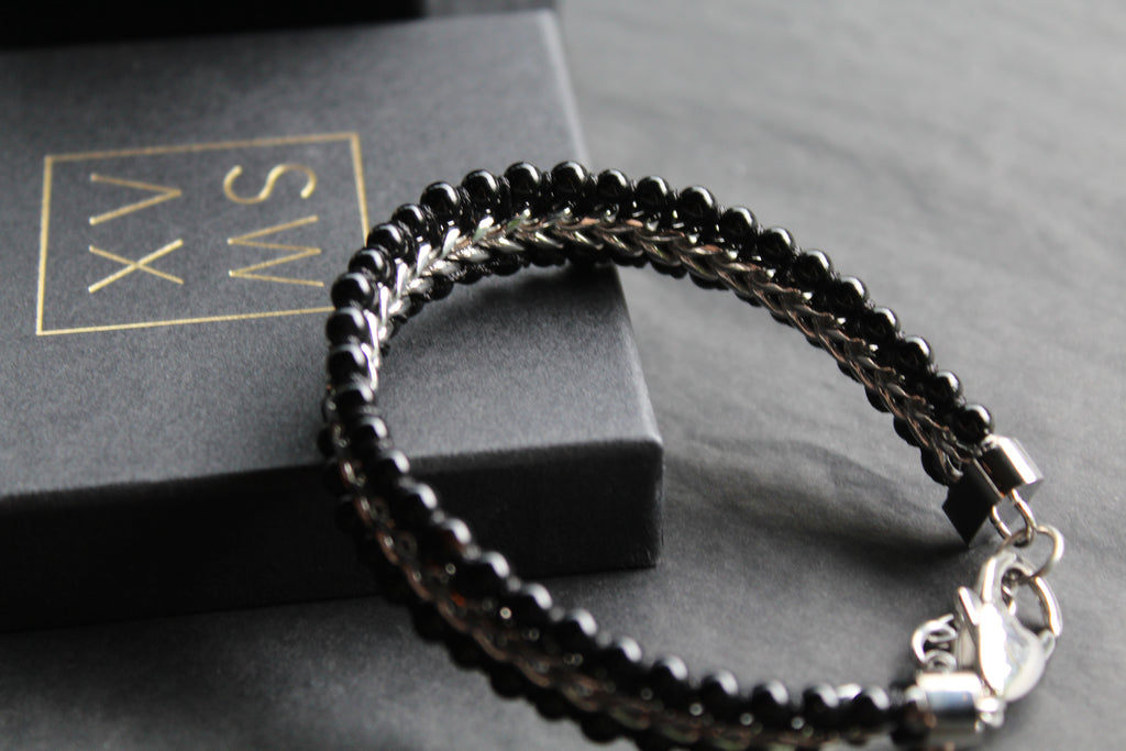 Stainless Steel Bracelet with Shiny Black Onyx Beads