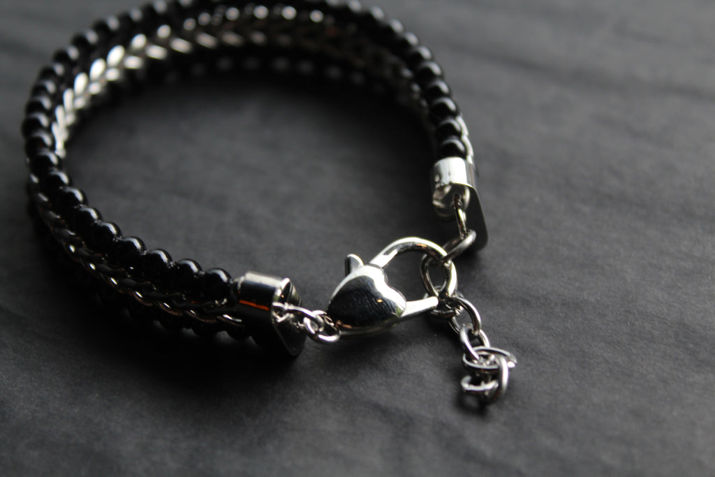 Stainless Steel Bracelet with Shiny Black Onyx Beads