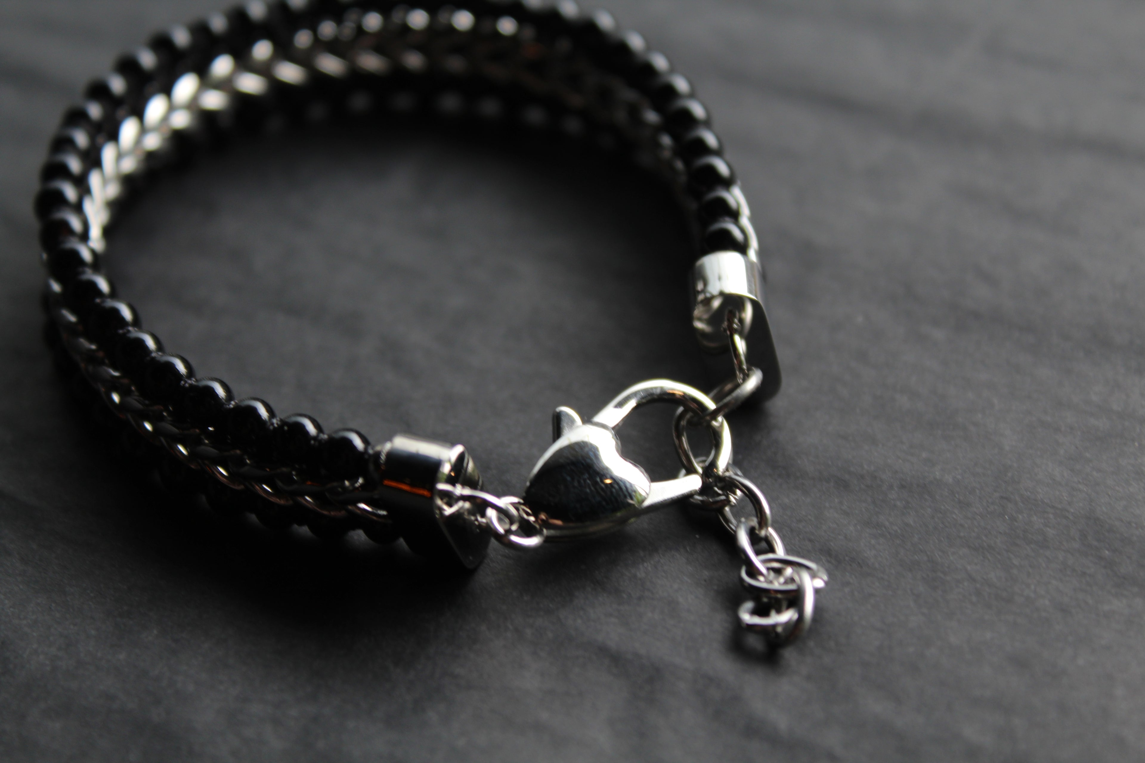 Stainless Steel Bracelet with Shiny Black Onyx Beads