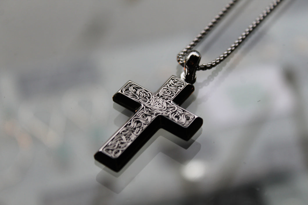Stainless Steel Cross Necklace with Engraved Design