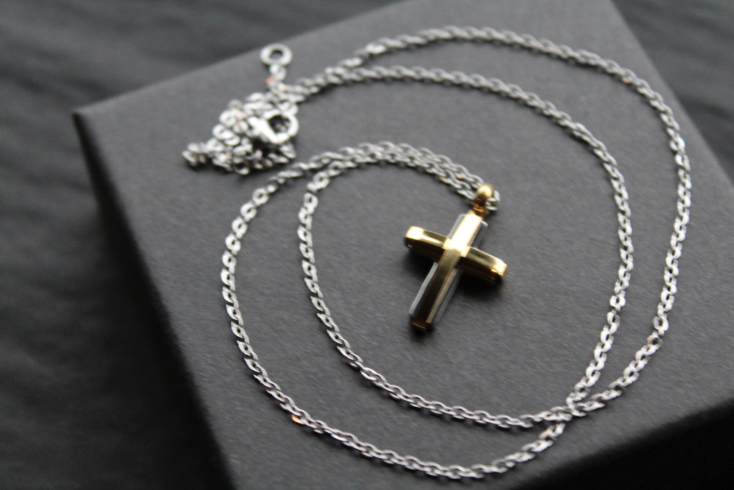 Stainless Steel Cross Pendant with Gold IP Detail