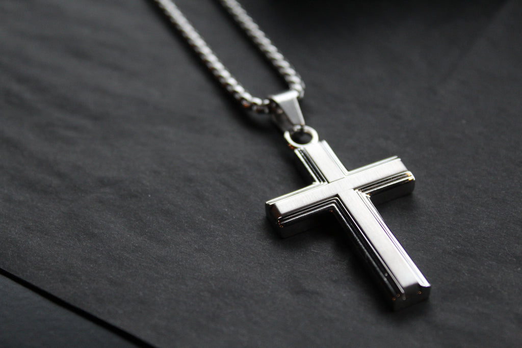 Stainless Steel Cross Necklace with Moulded Edges