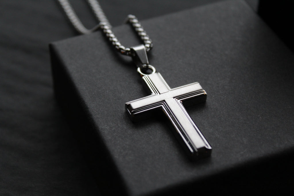 Stainless Steel Cross Necklace with Moulded Edges
