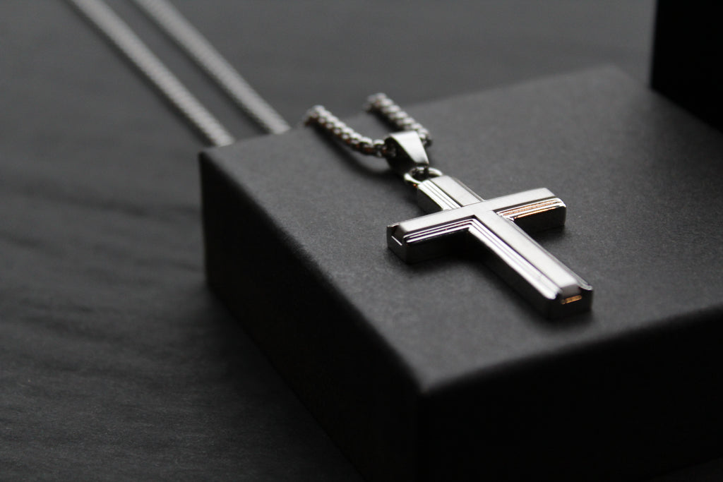 Stainless Steel Cross Necklace with Moulded Edges