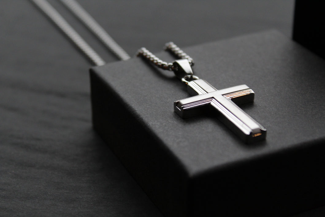 Stainless Steel Cross Necklace with Moulded Edges