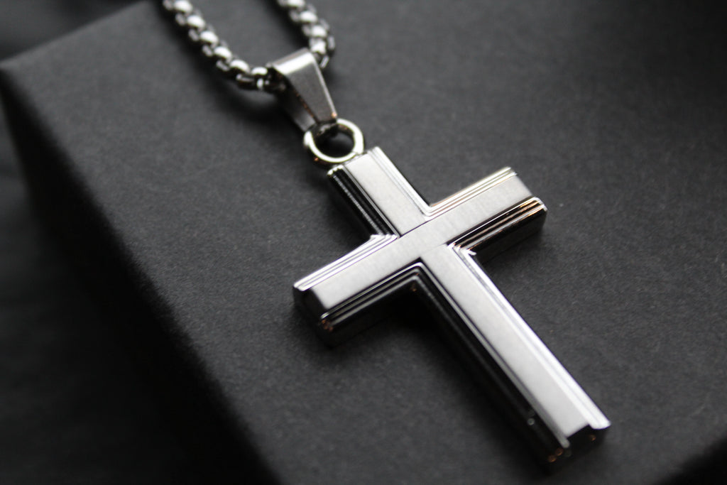 Stainless Steel Cross Necklace with Moulded Edges