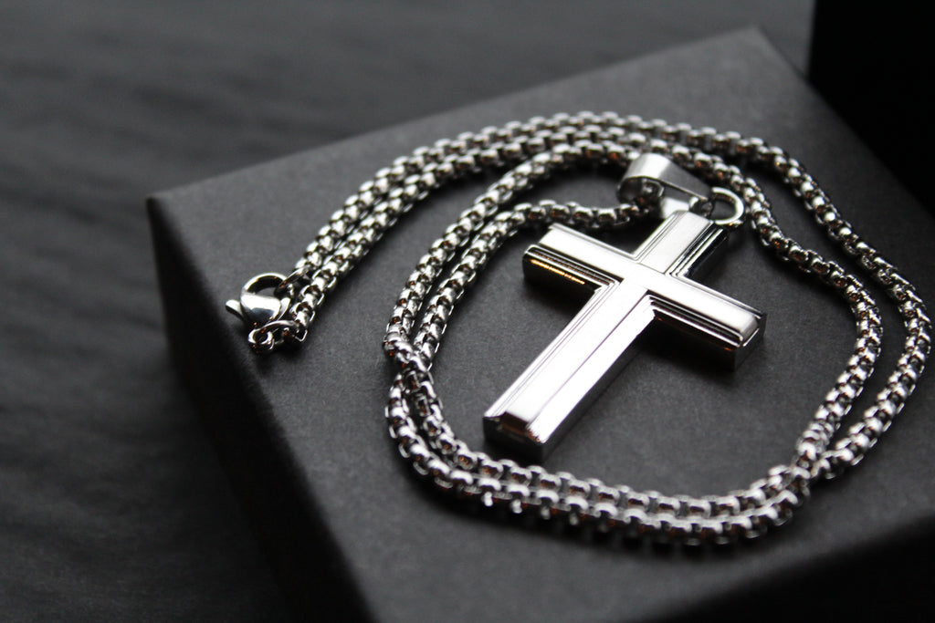 Stainless Steel Cross Necklace with Moulded Edges