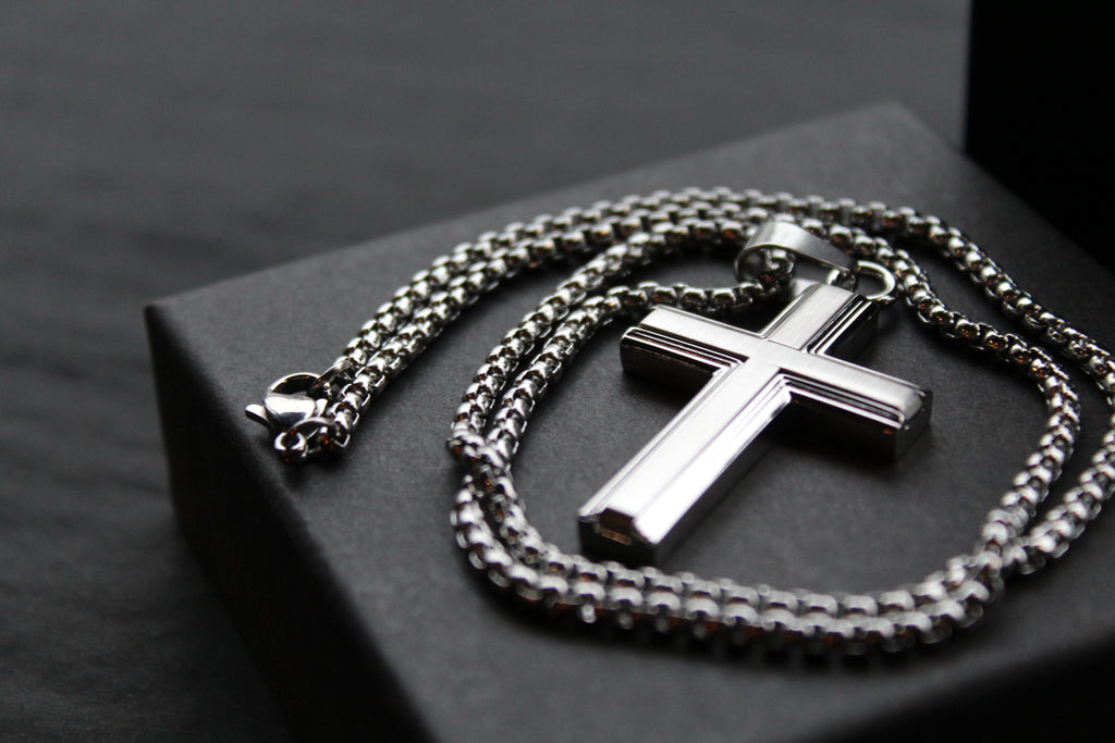 Stainless Steel Cross Necklace with Moulded Edges