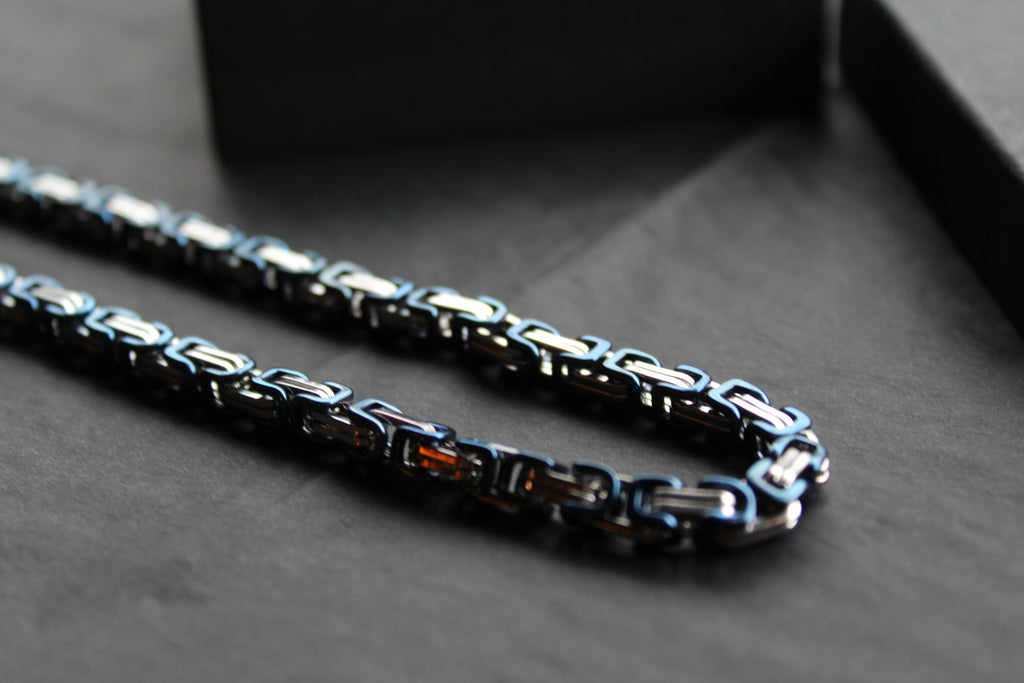 Steel Byzantine Chain Necklace Blue Polished IP