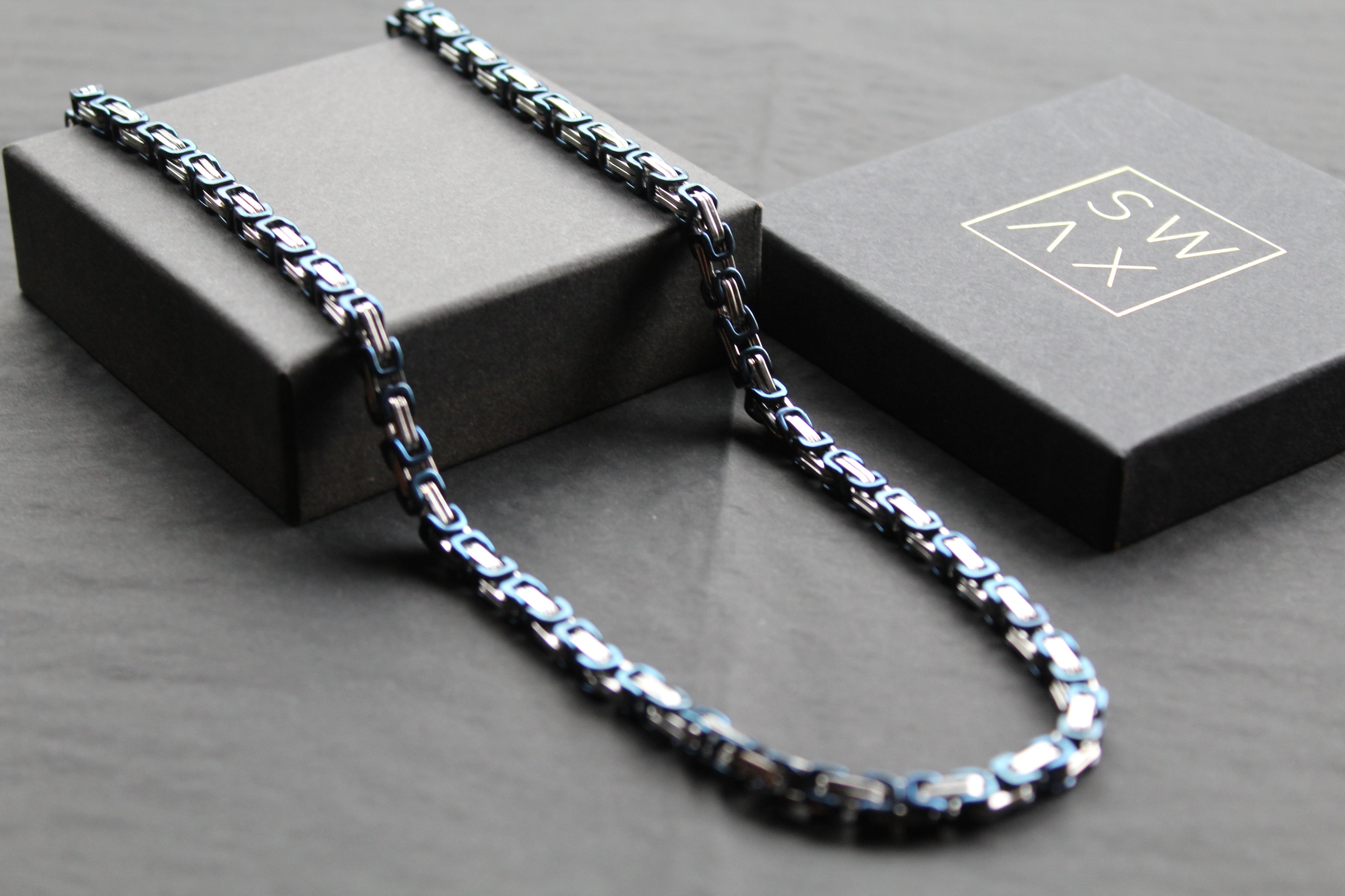 Steel Byzantine Chain Necklace Blue Polished IP