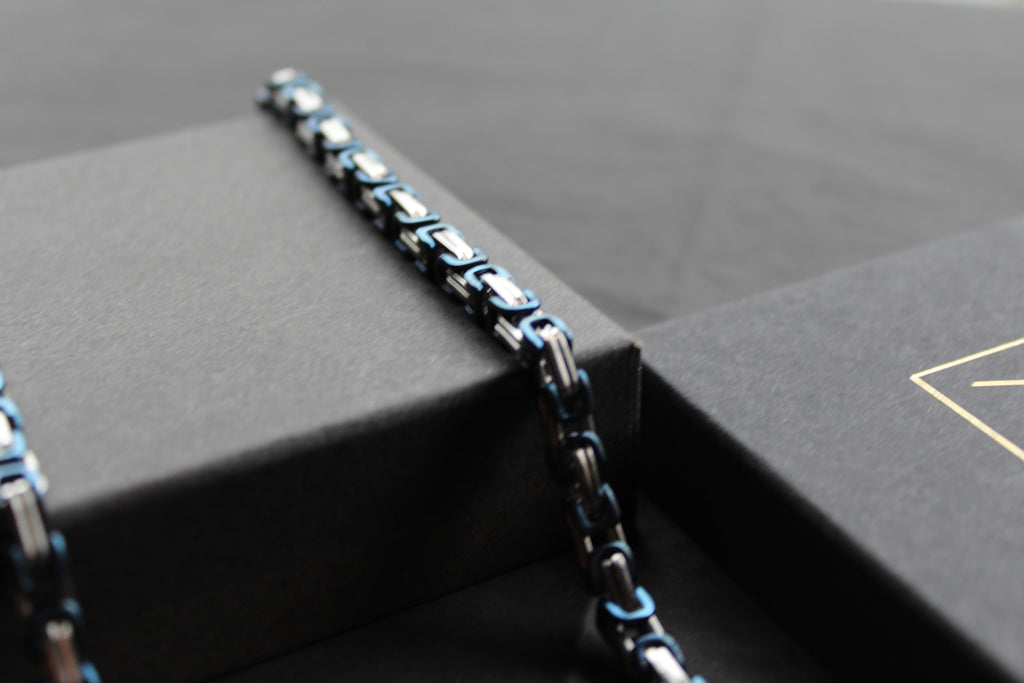Steel Byzantine Chain Necklace Blue Polished IP