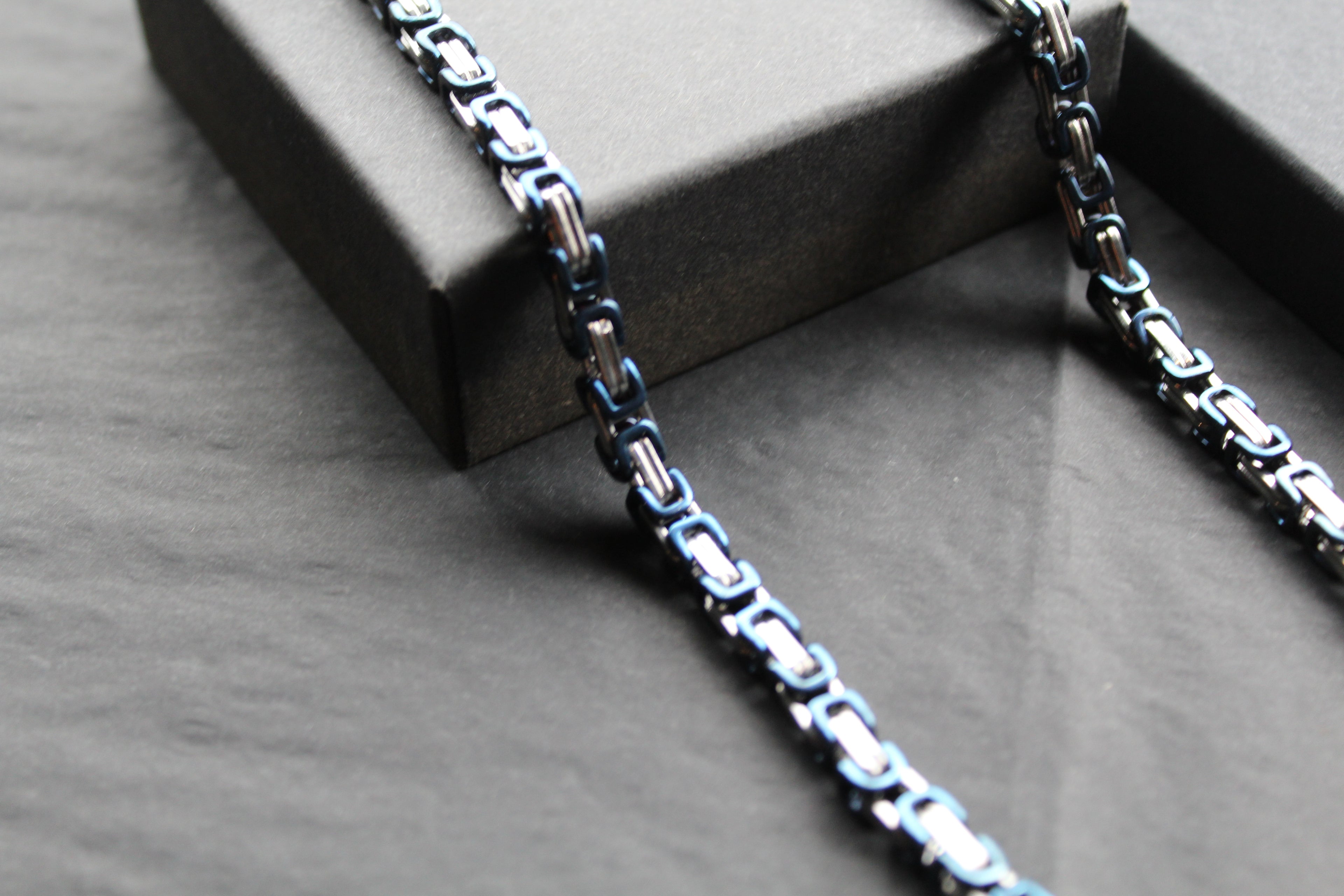 Steel Byzantine Chain Necklace Blue Polished IP