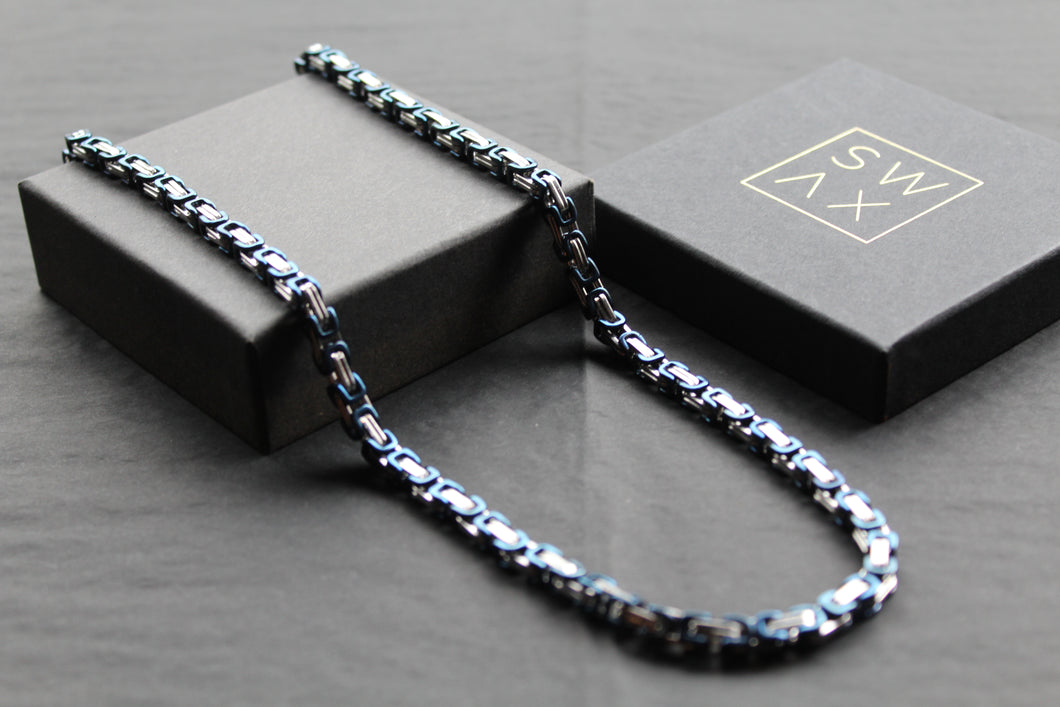 Steel Byzantine Chain Necklace Blue Polished IP