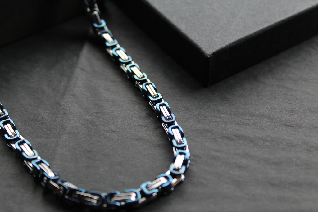 Steel Byzantine Chain Necklace Blue Polished IP
