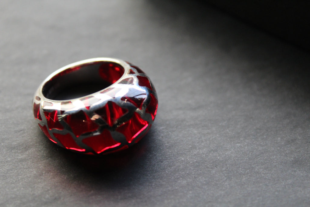 Sterling Silver and Red Resin Lattice Ring