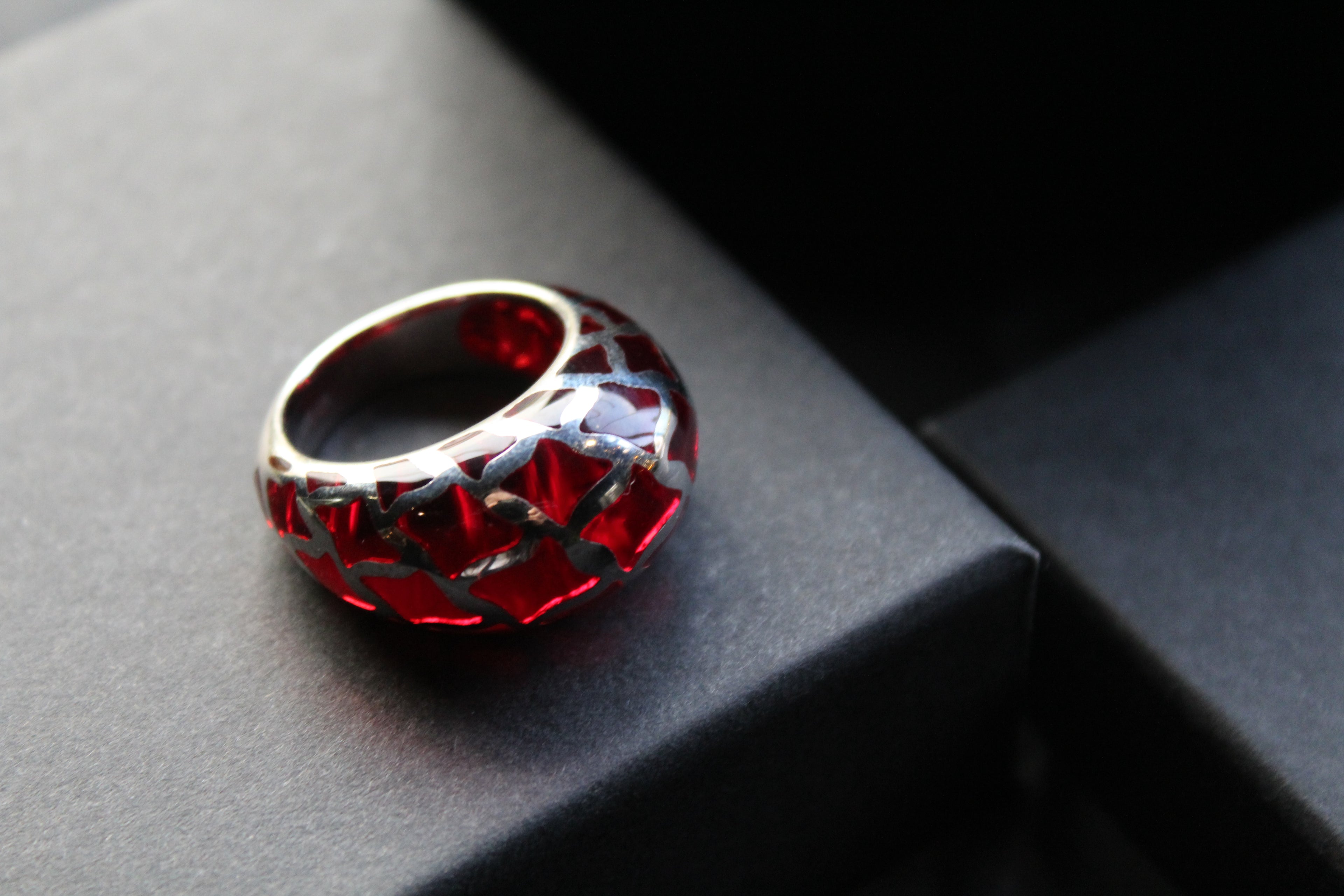 Sterling Silver and Red Resin Lattice Ring