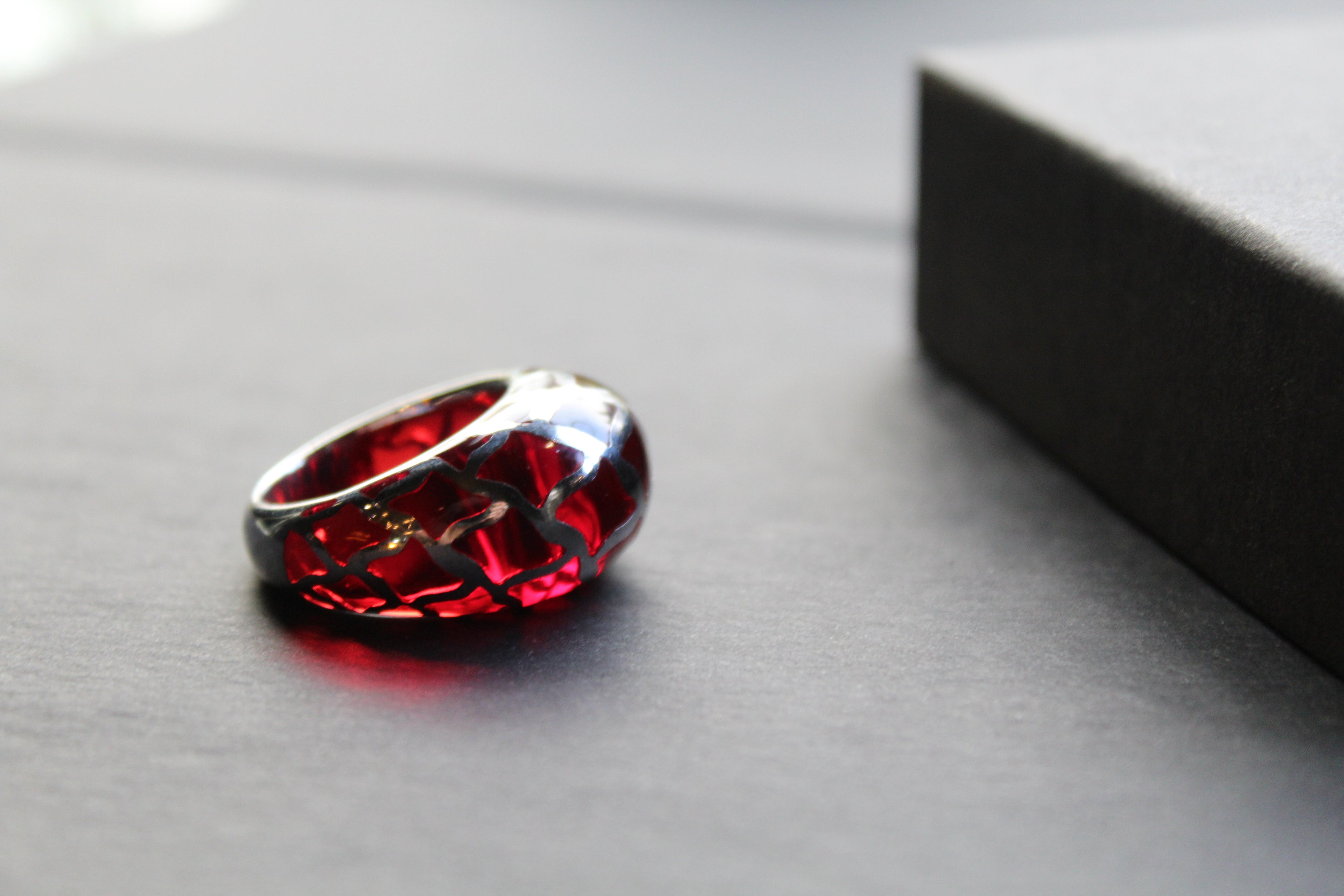 Sterling Silver and Red Resin Lattice Ring