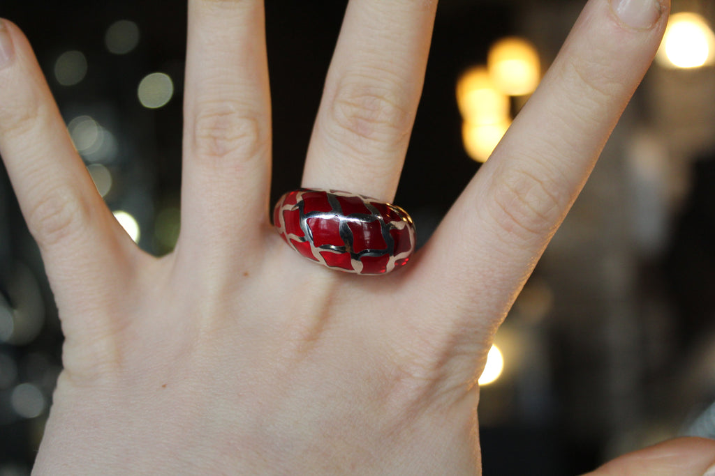 Sterling Silver and Red Resin Lattice Ring