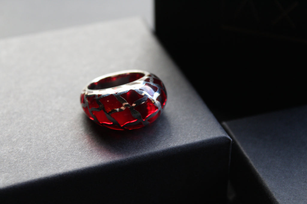 Sterling Silver and Red Resin Lattice Ring