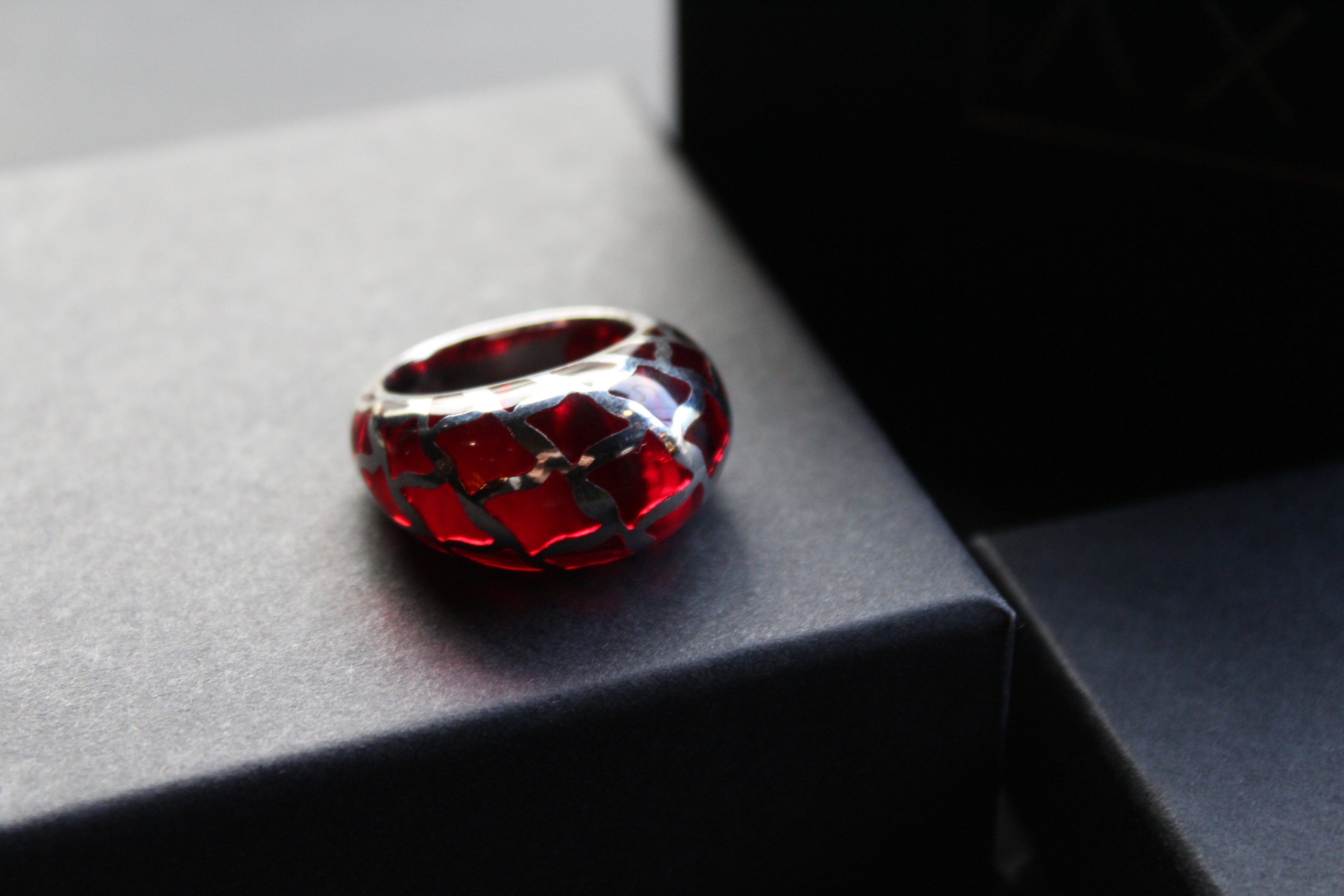 Sterling Silver and Red Resin Lattice Ring