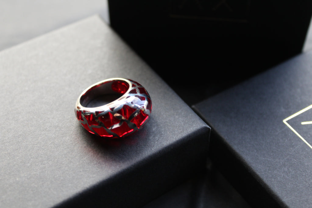 Sterling Silver and Red Resin Lattice Ring