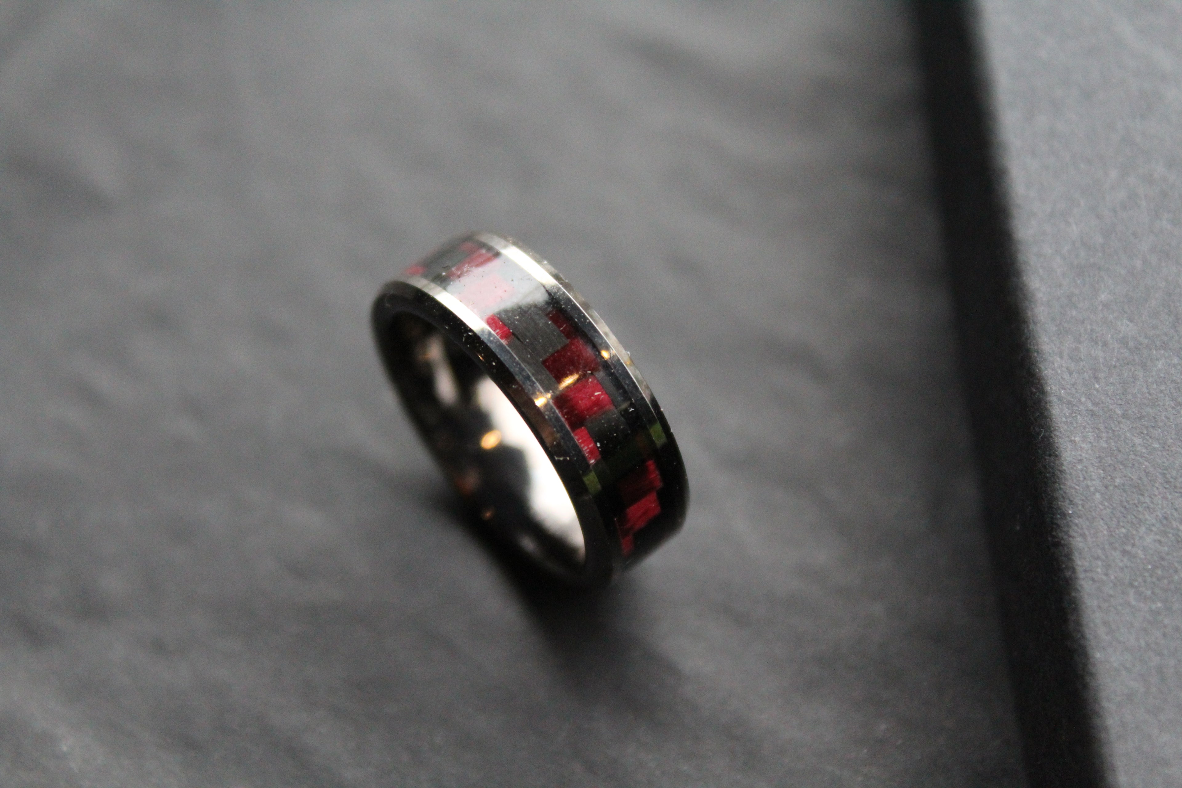 Tungsten Carbide Ring with Black & Red Carbon Fibre