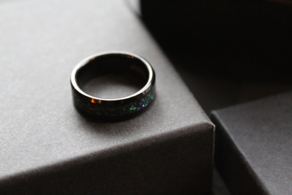 Tungsten Carbide Ring with Blue, Green & Black Stones