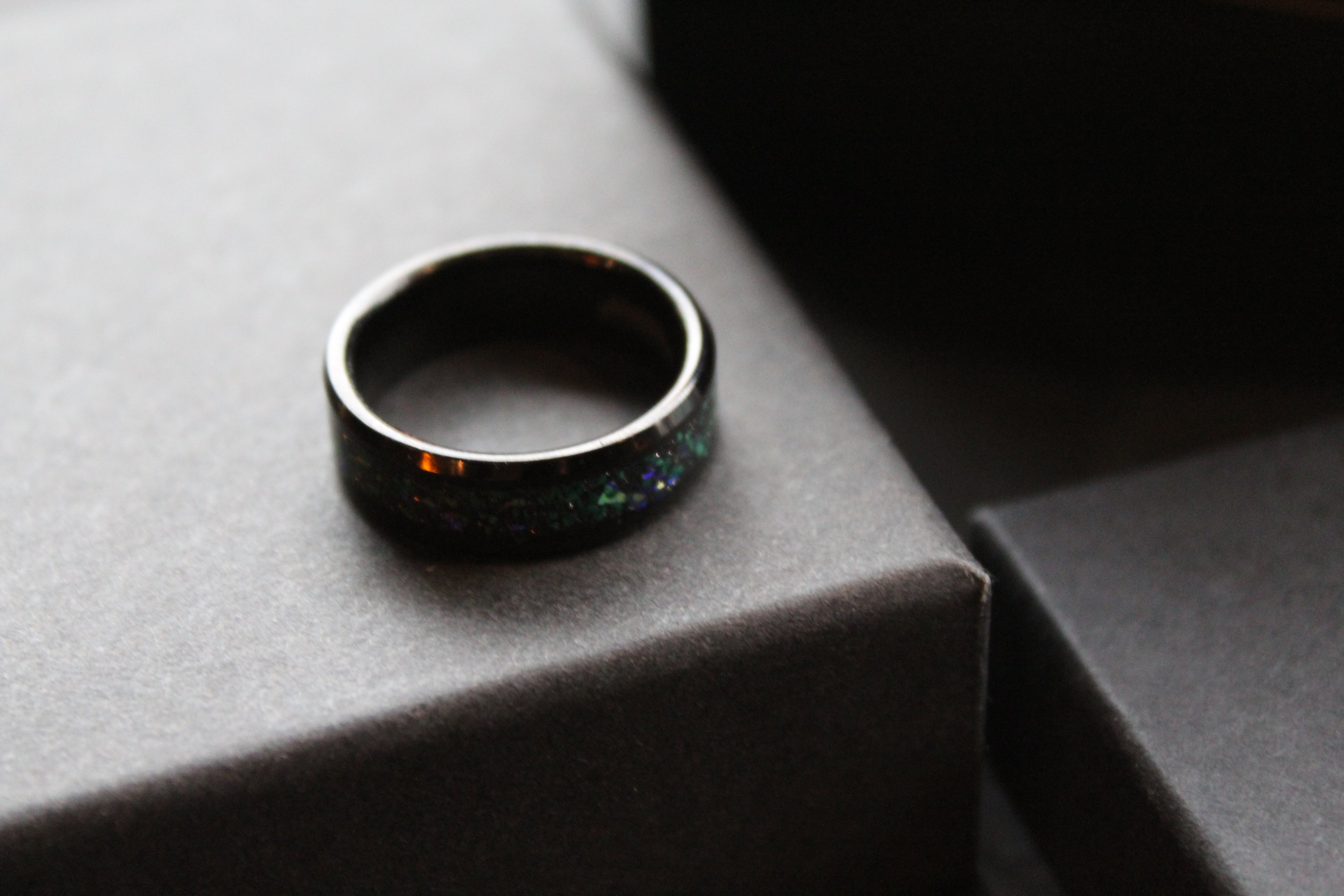 Tungsten Carbide Ring with Blue, Green & Black Stones