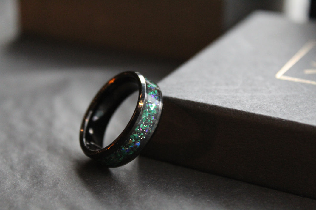 Tungsten Carbide Ring with Blue, Green & Black Stones