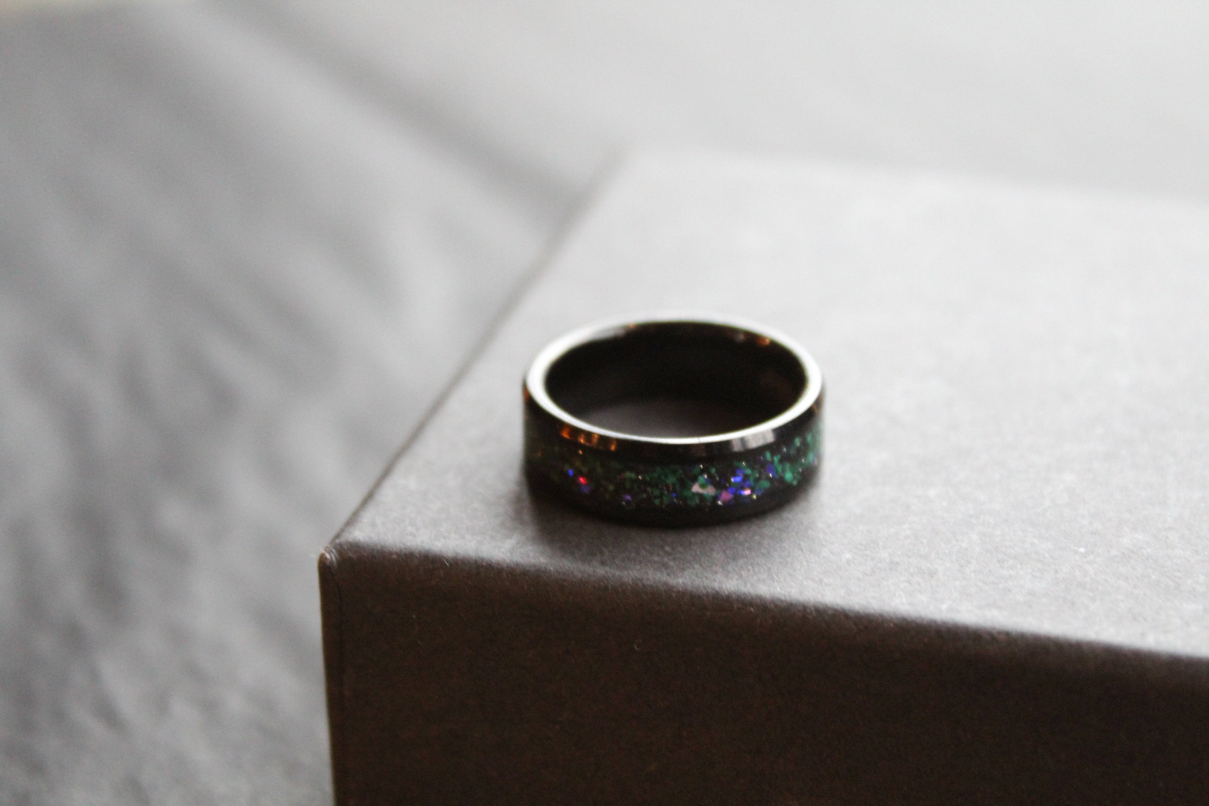 Tungsten Carbide Ring with Blue, Green & Black Stones